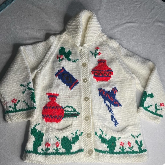 Knit sweater women Sz M? Button colorful white Spanish images handmade - Picture 1 of 11